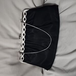 Vintage classic style black clutch with silver wrist strap